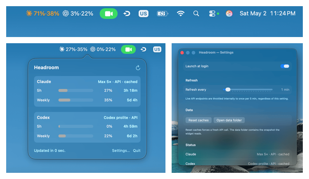 Headroom in the menu bar, popover, and Settings panel